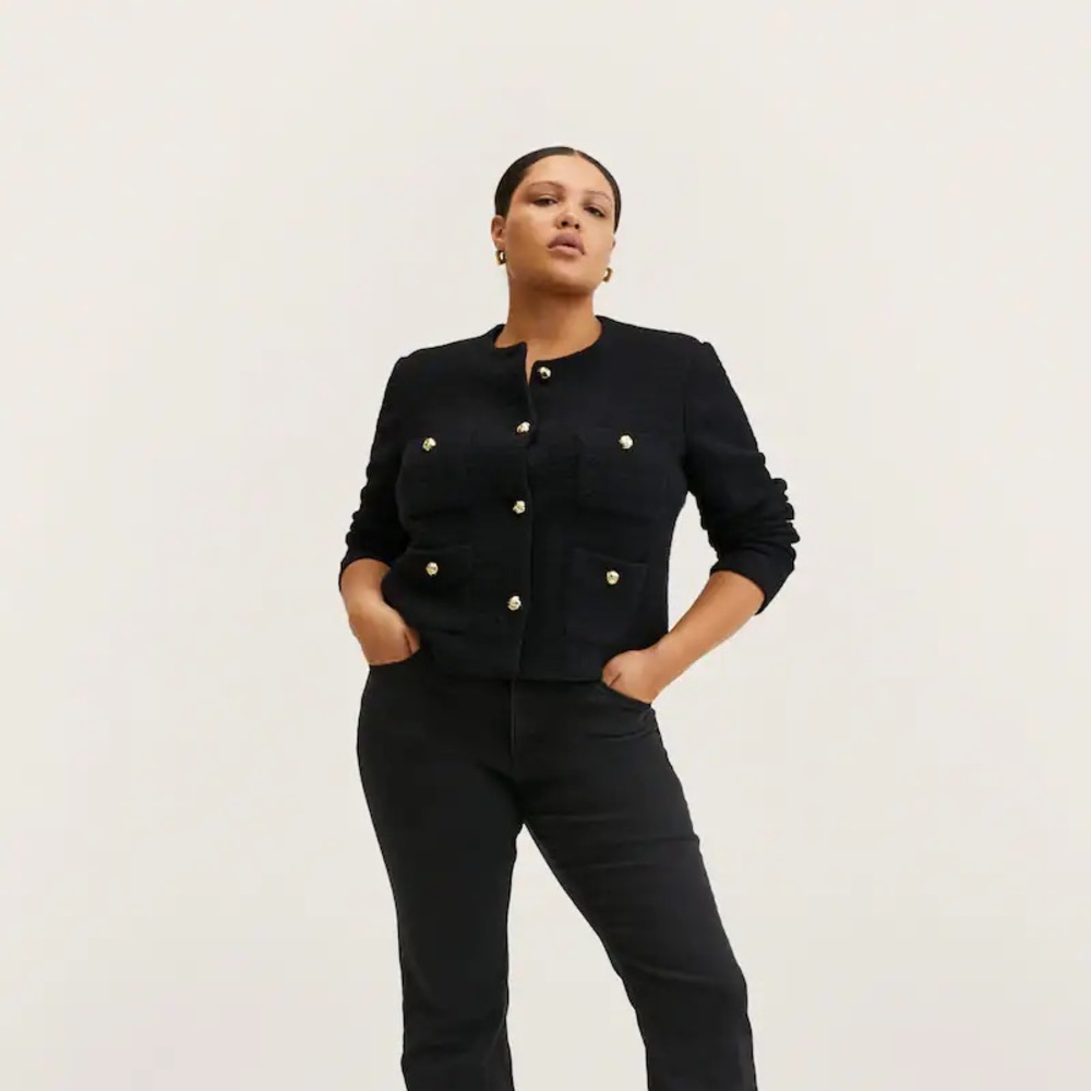 Mango (NWT) Black Pocket Tweed Crop Jacket with Classic Gold Buttons